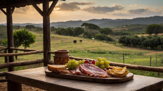 plate of ham and cheese on a table in a quiet farm