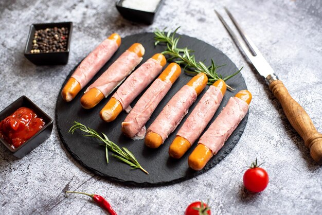 A plate of ham and rosemary sausages on a stone surface