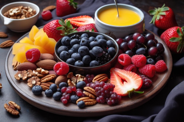 Plate of healthy fruits berries and nuts created with generative ai