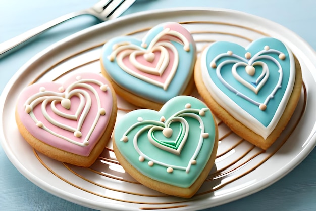 A plate of heart shaped cookies with different colored icing.