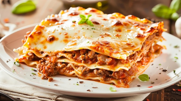 A plate holding a piece of lasagna with bolognese sauce showcases