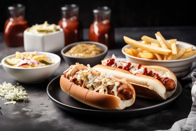 Plate of hot dogs cole slaw and french fries for classic american barbecue meal