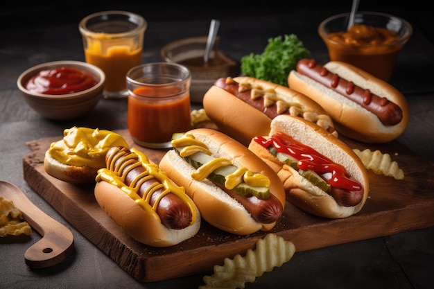 Plate of hot dogs with selection of buns and condiments