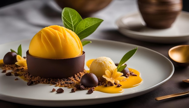 a plate of ice cream and chocolate ice cream with chocolate on it