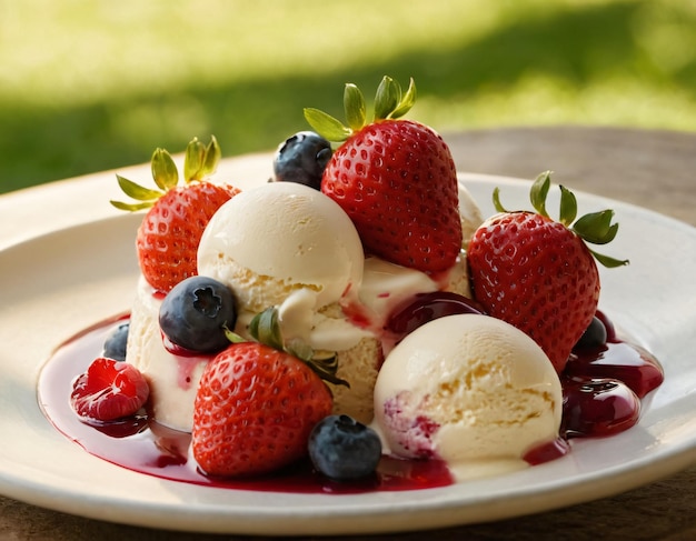 a plate of ice cream with berries and ice cream on it