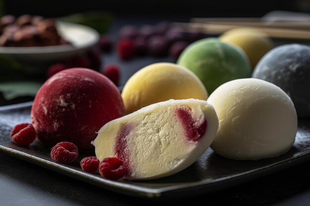 A plate of ice cream with raspberry and lemons on it