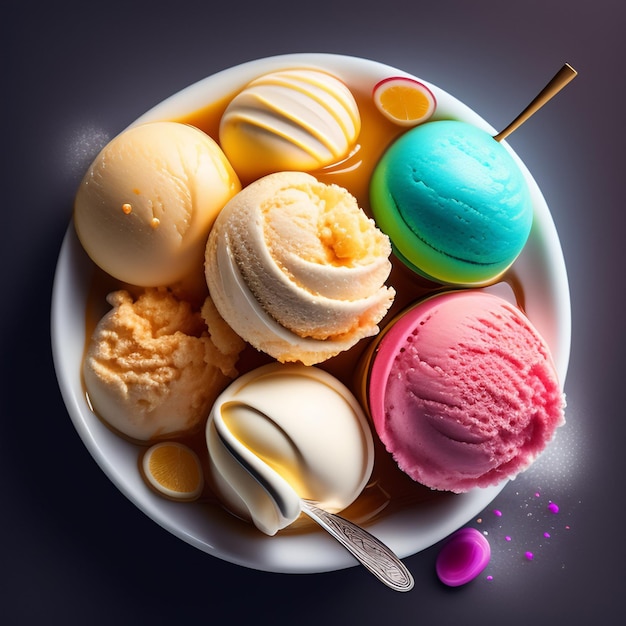 A plate of ice creams with different flavors on it.