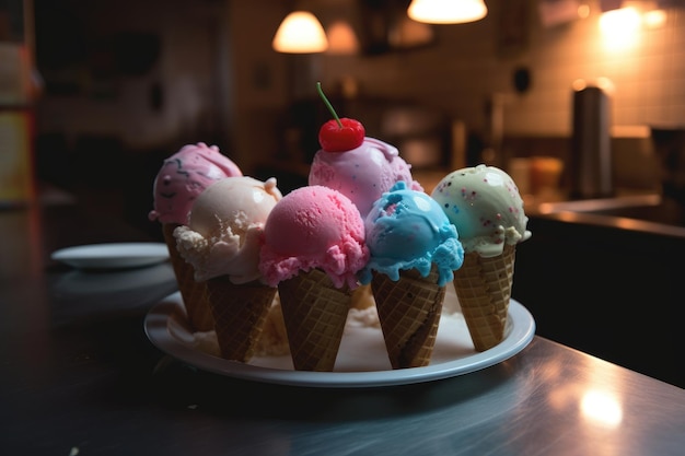 A plate of ice creams with one that says ice cream on it.