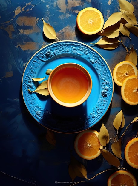 a plate is on the table next to a cup of tea in the style of dark orange and light indigo