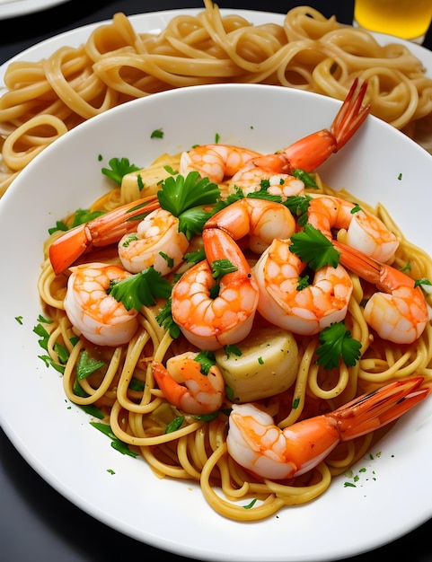 A plate of italian seafood shrimp noodles