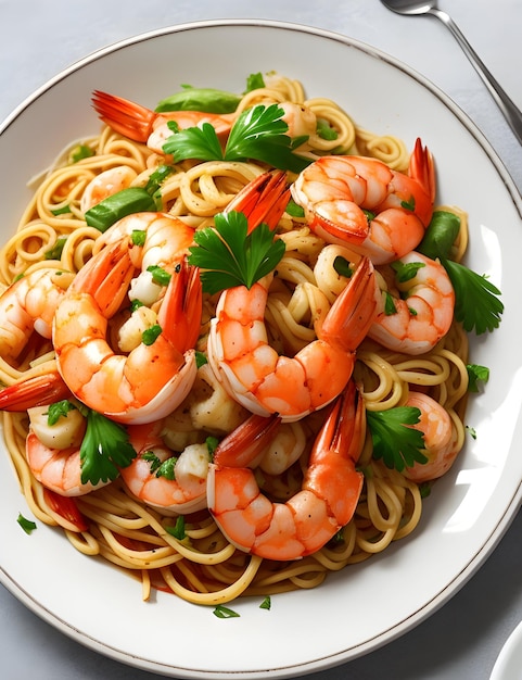 A plate of italian seafood shrimp noodles