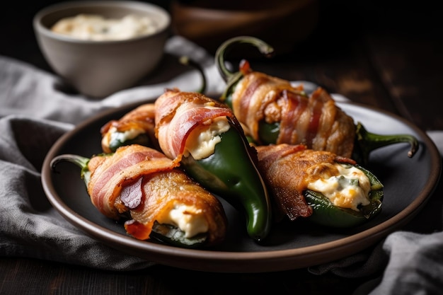 Plate of jalapeno poppers stuffed with cream cheese and wrapped in bacon created with generative ai