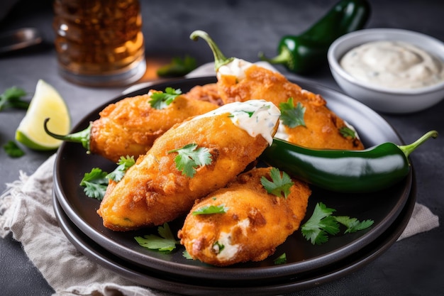 Plate of jalapeno poppers with cream cheese and spices created with generative ai