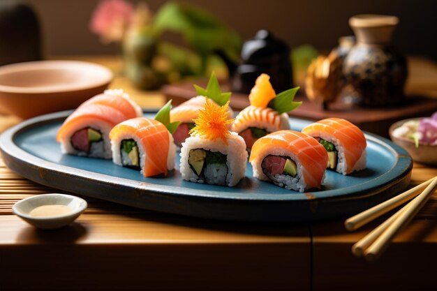 Plate of Japanese Sushi on Bamboo Mat