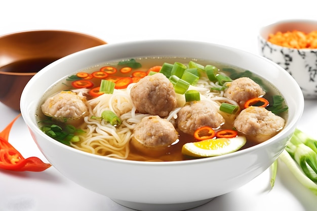 A plate of juicy bakso meatballs with flavorful broth photographed up close Generative AI