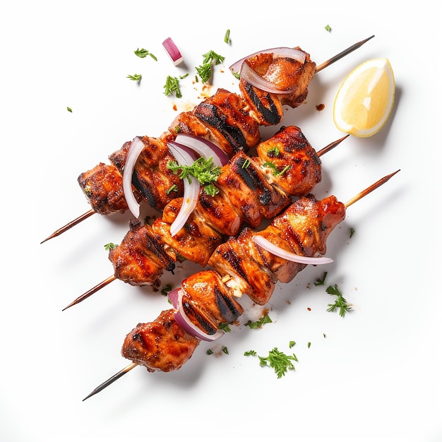 a plate of kabab with a salad on it