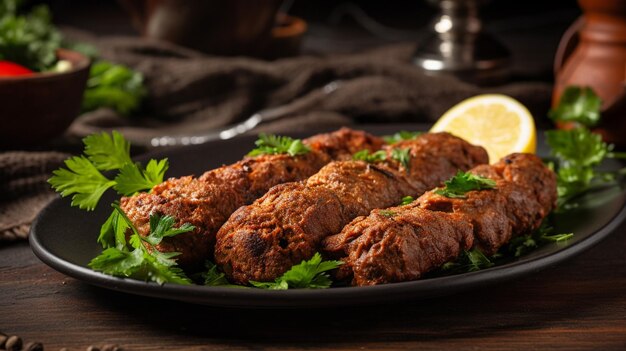 A plate of kebabs with lemon wedges on the side