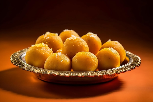 A plate of laddu on a wooden table