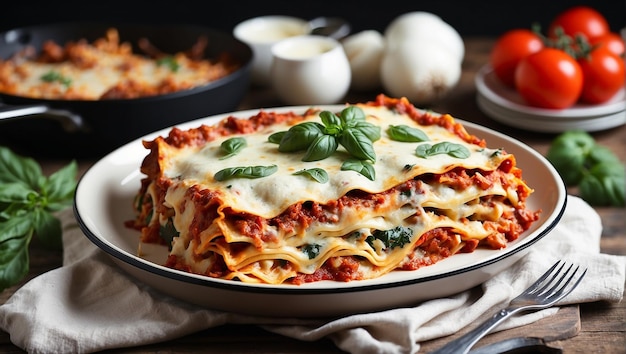 A plate of lasagna with basil on top