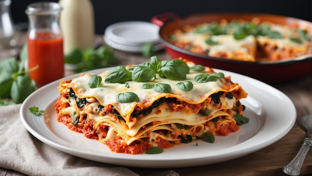 A plate of lasagna with basil on top