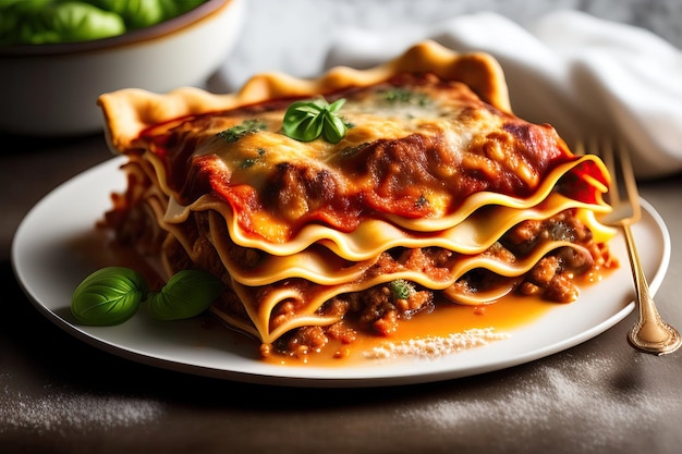 A plate of lasagna with a bowl of green basil on the side