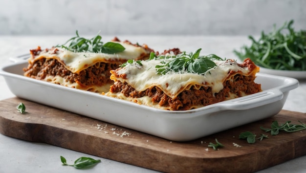 Photo a plate of lasagna with cheese and basil on top