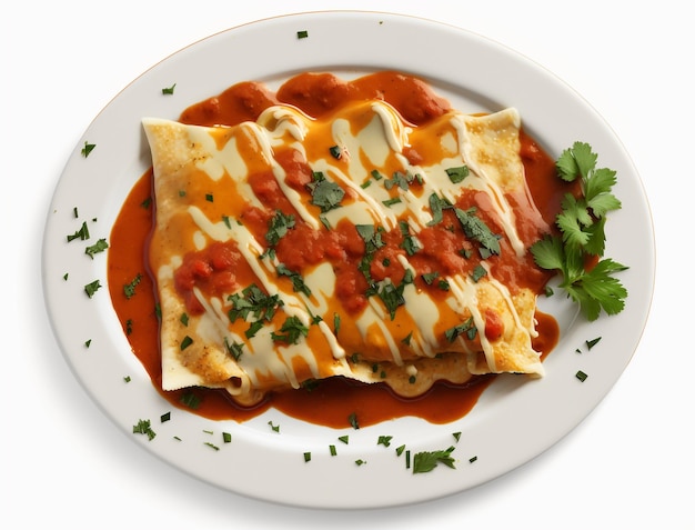 A plate of lasagna with a red sauce on it and a parsley garnish on the side.