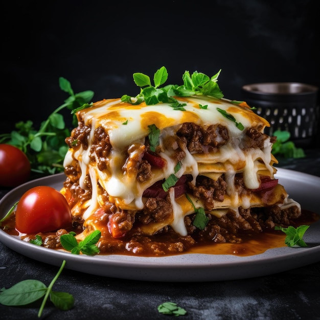 a plate of lasagna with tomatoes and basil