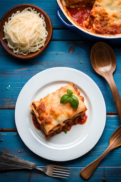 A plate of lasagna with a wooden spoon on a blue wooden table.