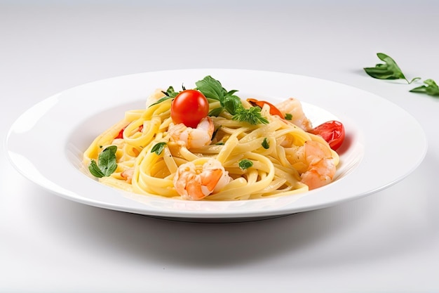 Plate of linguine with shrimps and cherry tomatoes