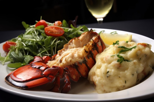 A plate of lobster mashed potatoes and a salad generative AI