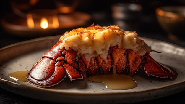 A plate of lobster with a sauce on it