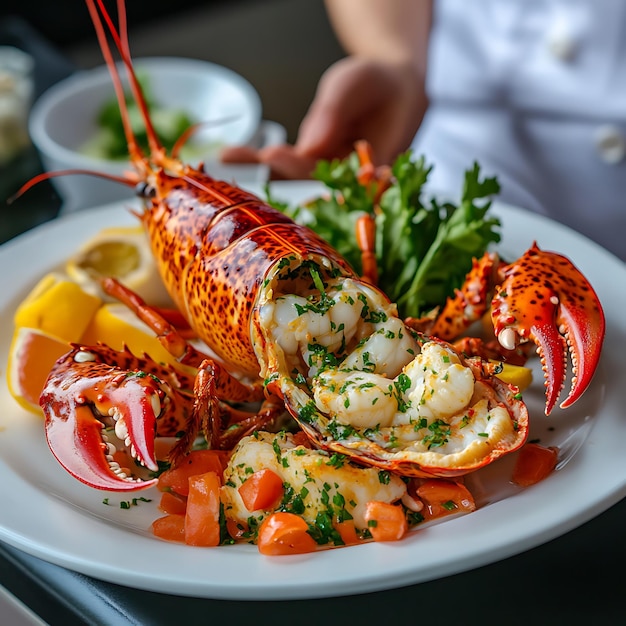 Photo a plate of lobsters and lemons with a lemon wedge on it