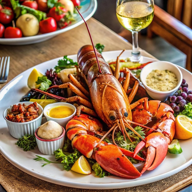 Photo a plate of lobsters lobsters and lemons are on a table