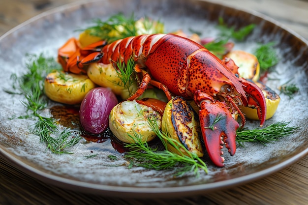 Photo a plate of lobsters and lobsters with a plate of vegetables