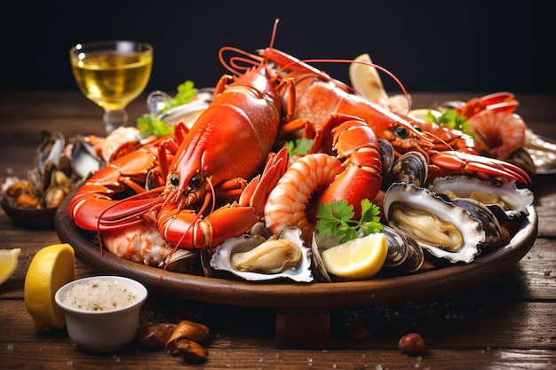 a plate of lobsters and oysters with a glass of wine