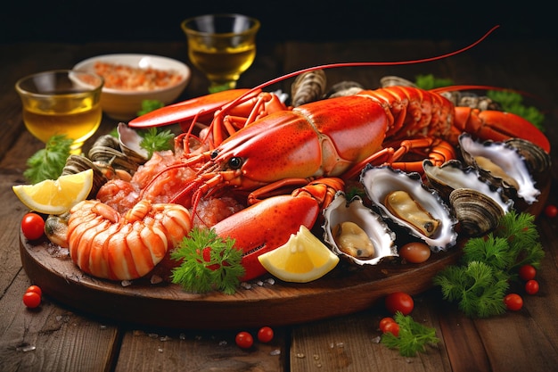 a plate of lobsters and seafood with a bottle of beer