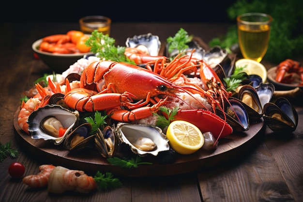 a plate of lobsters and seafood with lemon and lemon