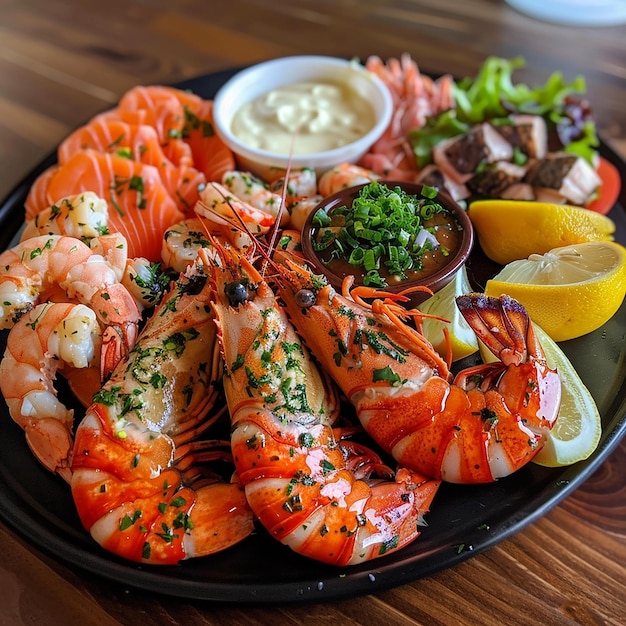 a plate of lobsters and seafood with a lemon wedge on the side