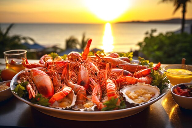 a plate of lobsters with a bowl of ice cream on a table