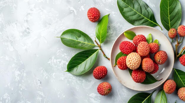 Photo a plate of lychees with green leaves on a gray background