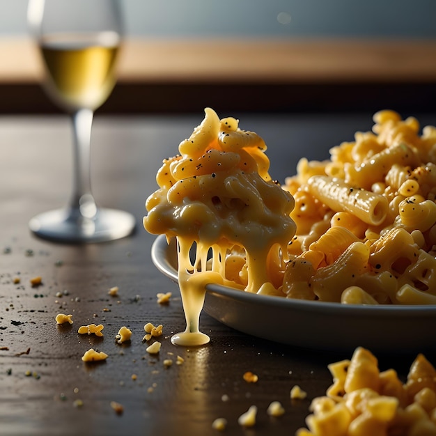 Photo a plate of macaroni and cheese with a glass of wine