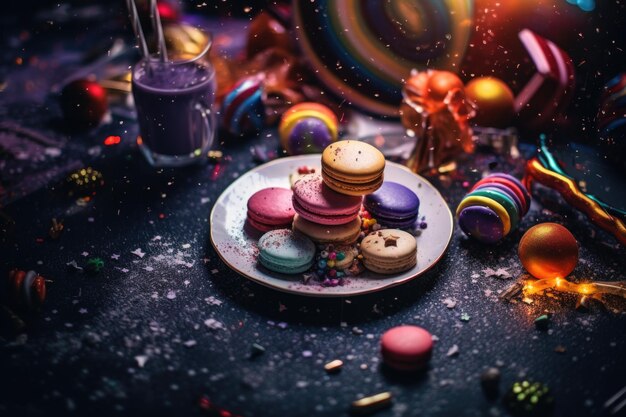 Photo a plate of macarons sitting on top of a table perfect for food and dessertrelated designs