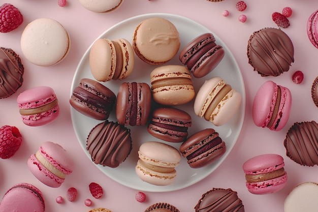 A plate of macaroons and other pastries on a pink surface with raspberries and other macaroons