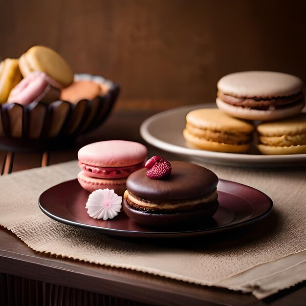 A plate of macaroons and a plate of macaroons are on a table.