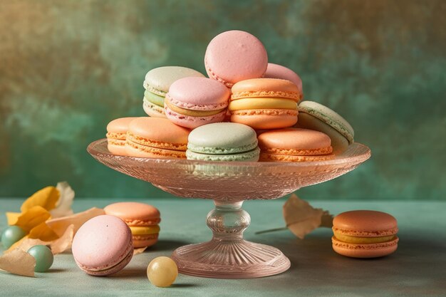 A plate of macaroons on a table with a green background