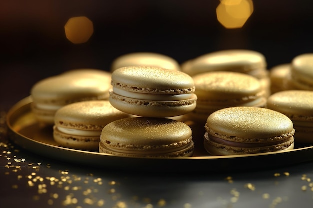 A plate of macaroons with gold glitter on them