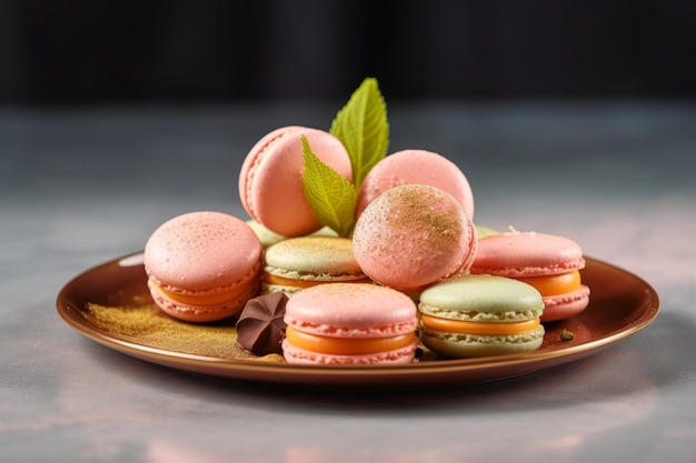 A plate of macaroons with a leaf on it