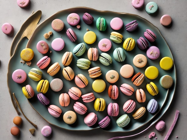 A plate of macaroons with a spoon on the side.