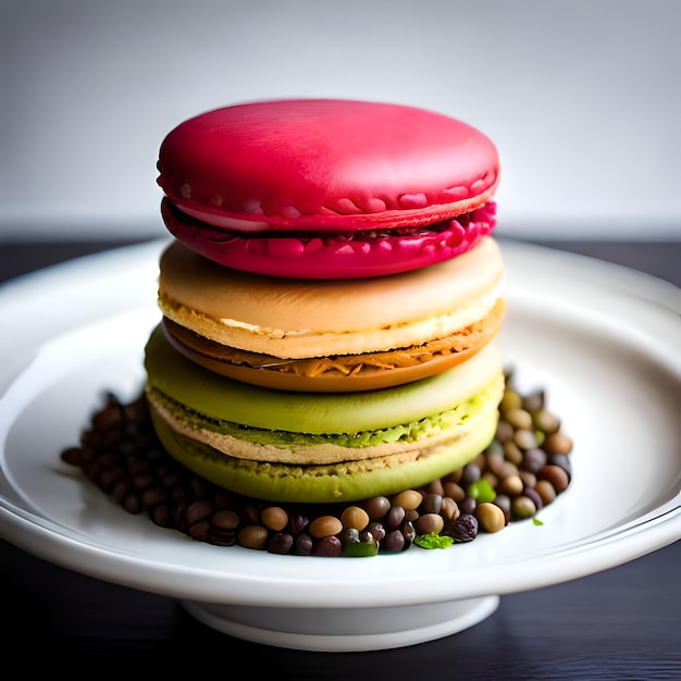 A plate of macaroons with a white plate on the table.